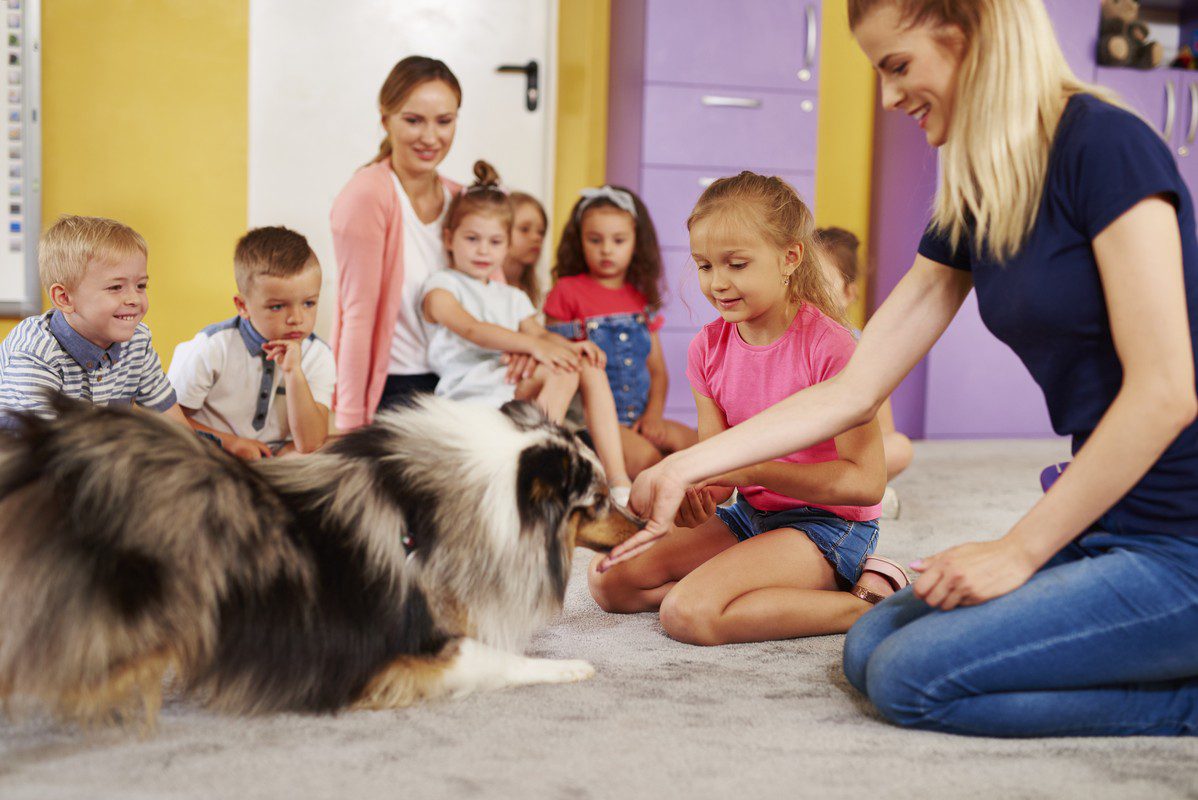 Young woman working with dog during therapy in the preschool