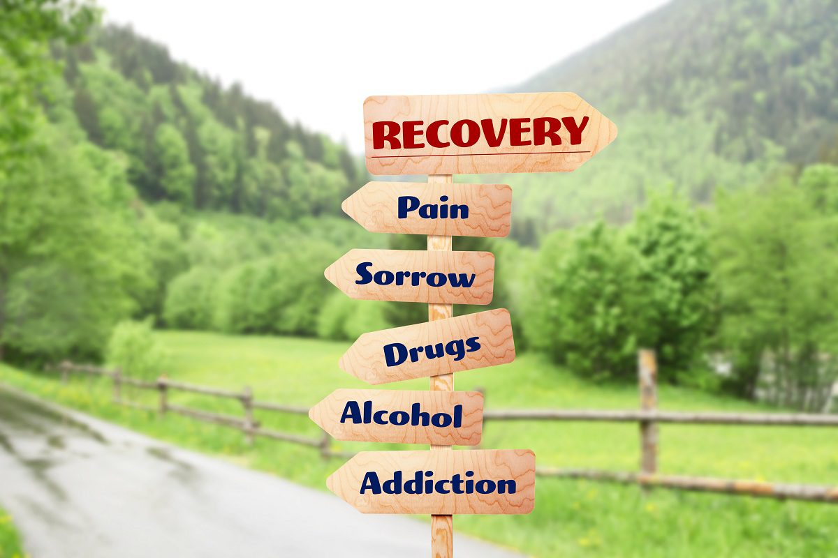 Wooden signboards pointing different directions to RECOVERY and ADDICTION